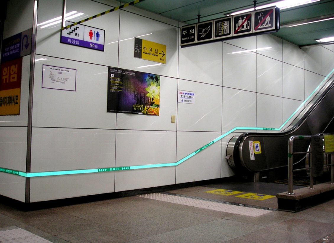 Blue Light Tape® lights a city subway egress above the escalator